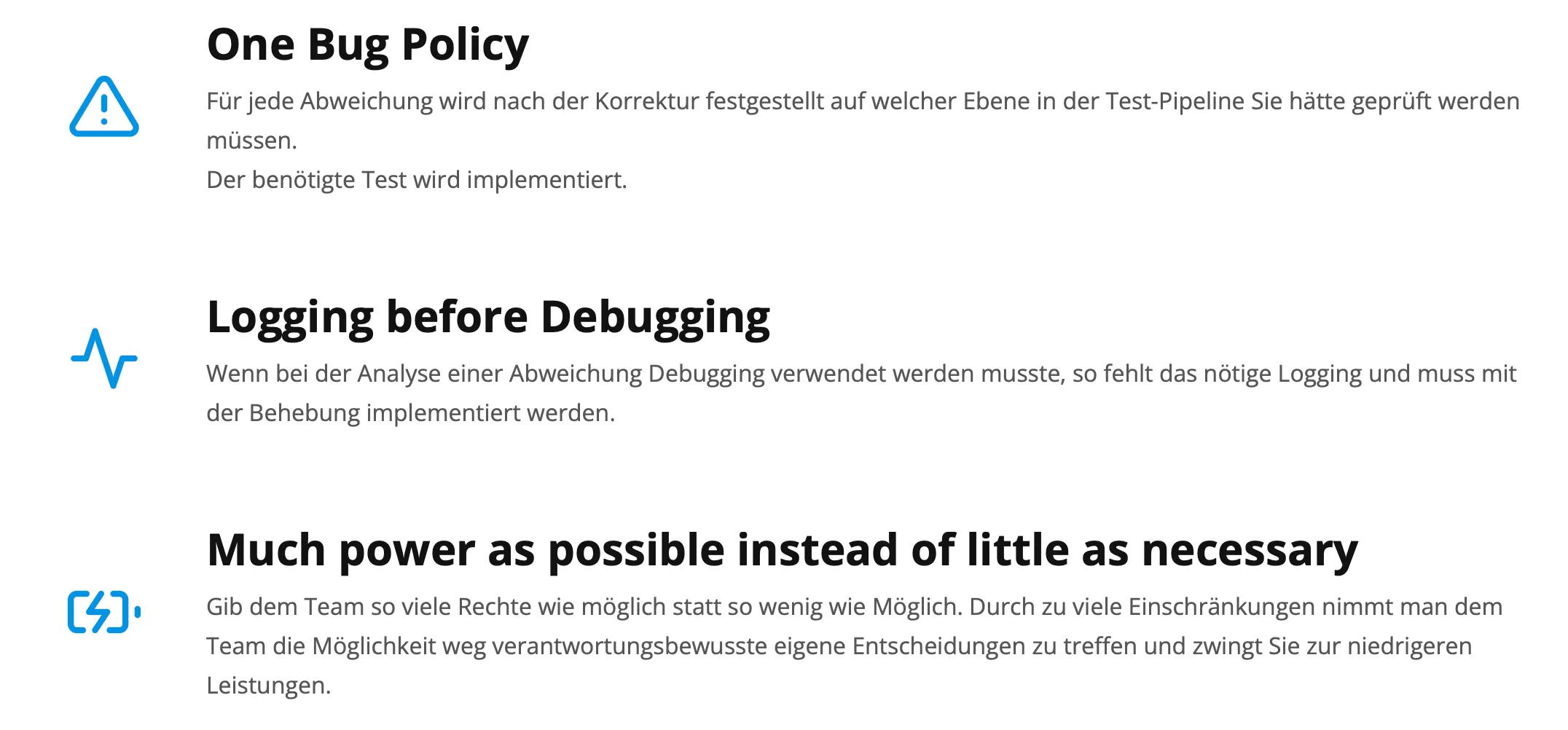 Section of the QualityCluster site with three working principles: one bug policy, logging before debugging, and as many team permissions as possible rather than as few as necessary.