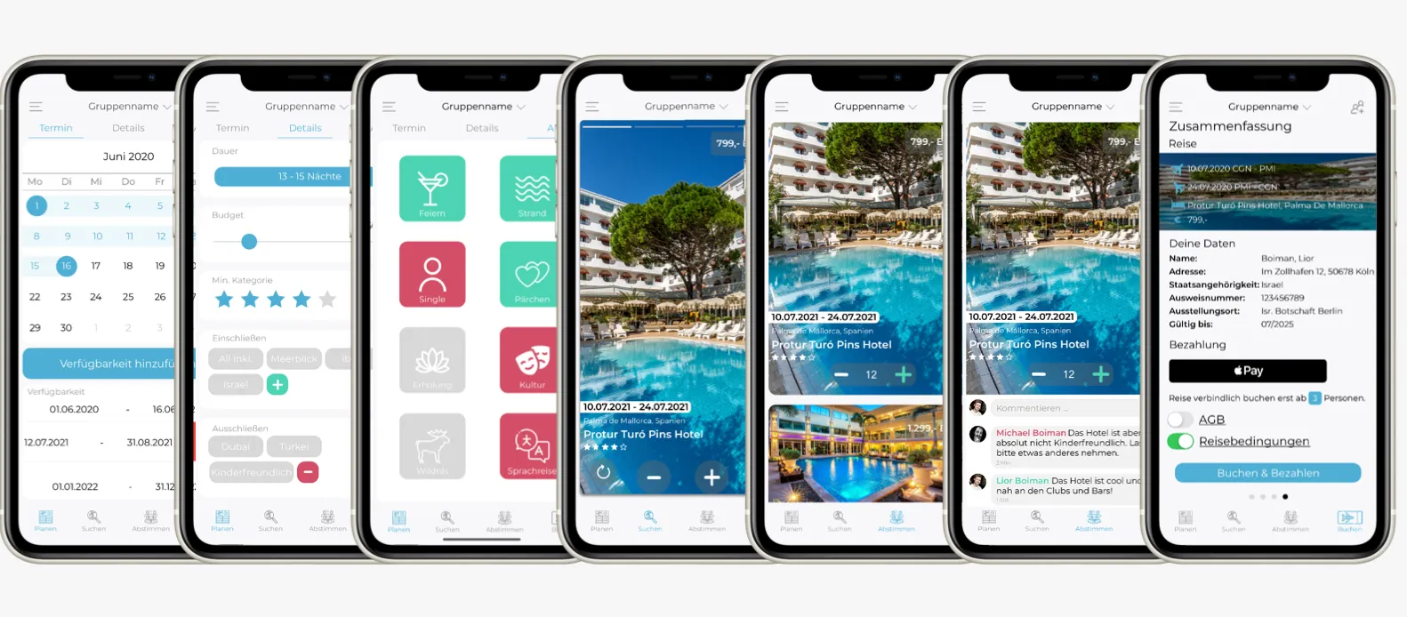 Sieben Bildschirme der Reise-App nebeneinander: Kalender zur Terminfindung, Filter für Dauer, Budget und Kategorie, Kacheln zur Reiseart, zwei Hotelkarten mit Zeitraum und Preis, eine Abstimmung mit Kommentaren und die Buchungsübersicht mit Bezahlung.